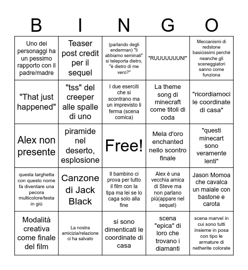 Minecraft Film Bingo Card