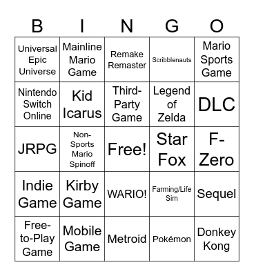Nintendo Switch: 3/27/2025 Bingo Card
