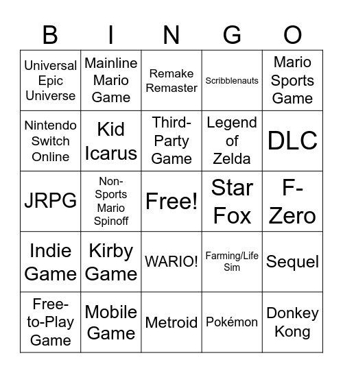 Nintendo Switch: 3/27/2025 Bingo Card