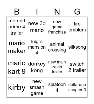 nintendo direct 28/03/25 Bingo Card