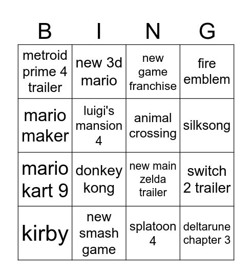 nintendo direct 28/03/25 Bingo Card