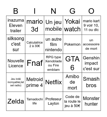 Nintendo Bingo Card
