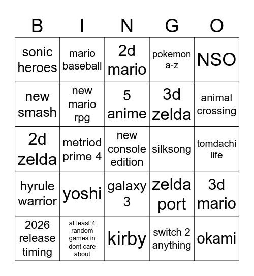 nintendo direct 3.27.2025 Bingo Card