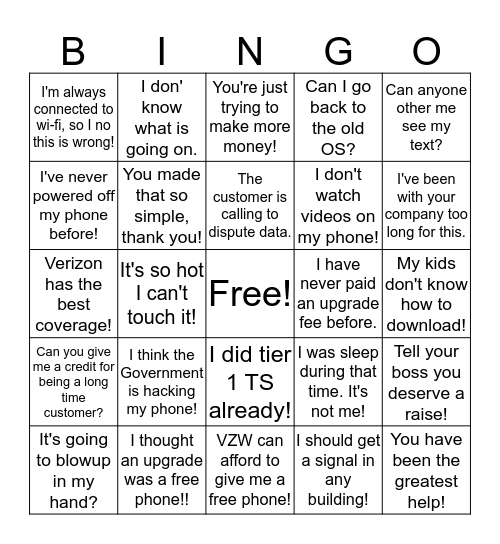 Things Agents and Customers say Bingo Card