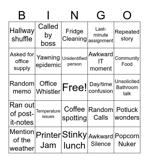 Workplace Bingo  Bingo Card