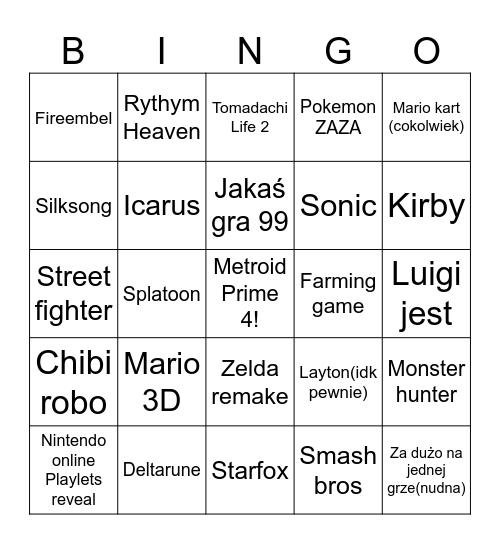 Nintendo direct dla starego switcha Bingo Card