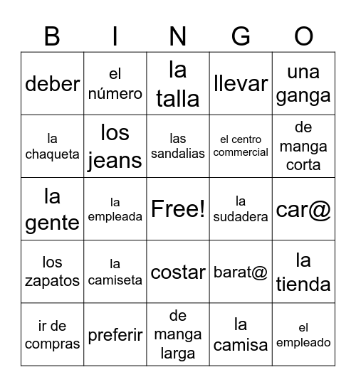 La Ropa 1-2 Bingo Card