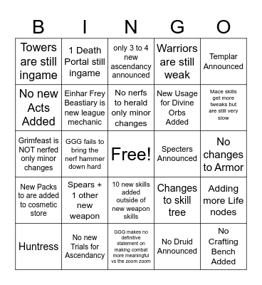 POE 2 0.20 BINGO CARD Bingo Card