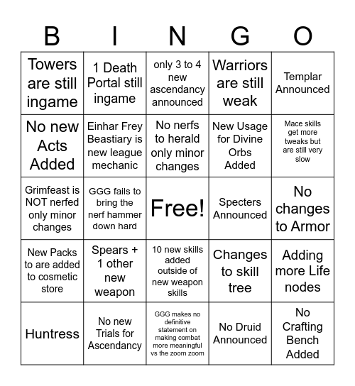POE 2 0.20 BINGO CARD Bingo Card