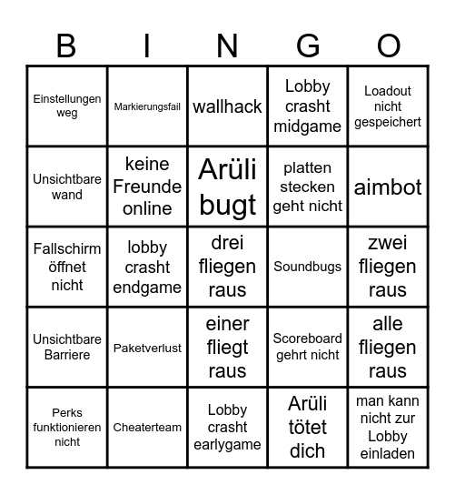 Warzone Bug Bingo Card