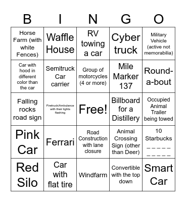 Gavin-Dodds Road Trip BINGO Card