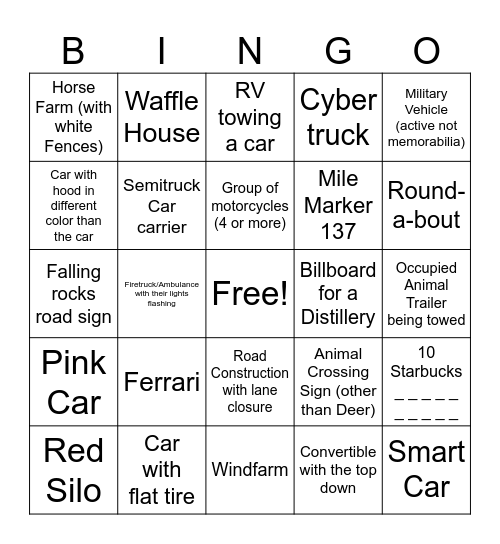 Gavin-Dodds Road Trip BINGO Card