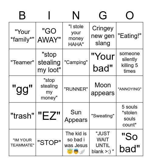 Brats and Whiners (Slayer tycoon) Bingo Card