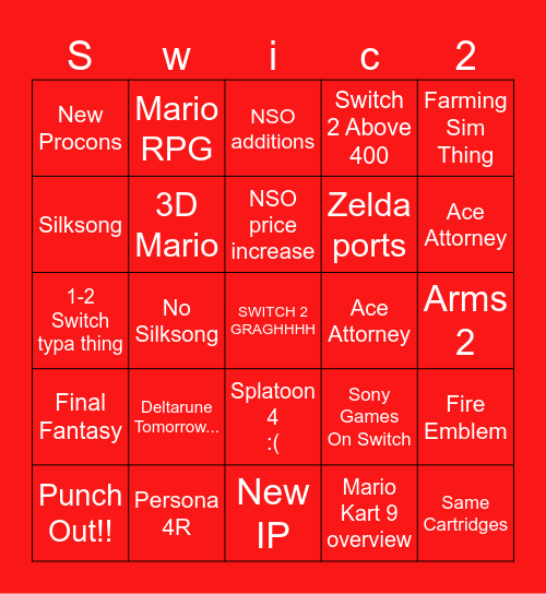 Switch 2 Bingo Card