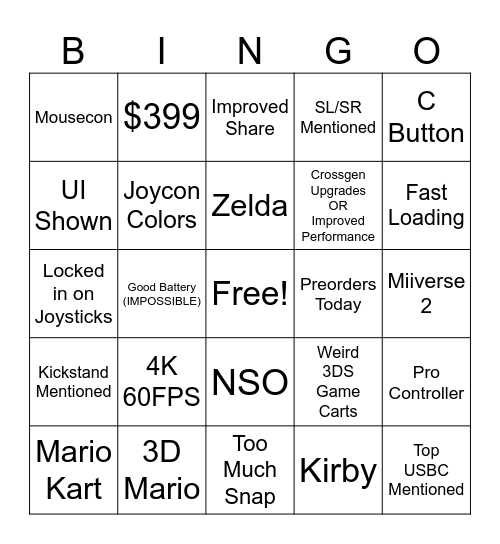 Nintendo Switch 2 Direct Bingo Card