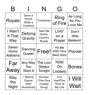 Sing Along Songs 2.0 Bingo Card