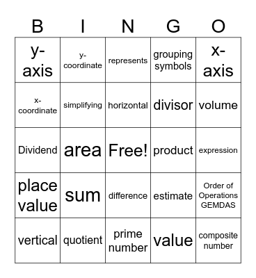 Math Vocabulary Bingo Card