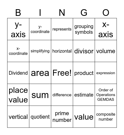 Math Vocabulary Bingo Card