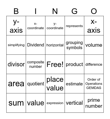 Math Vocabulary Bingo Card