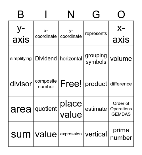 Math Vocabulary Bingo Card