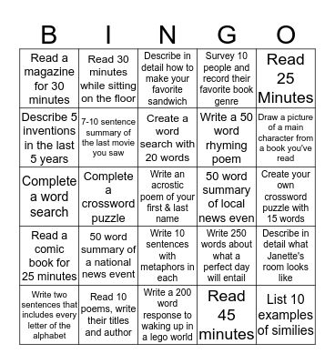 City Life Language Arts BINGO Card
