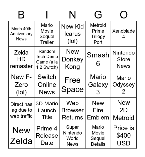 Switch 2 Direct Bingo Card