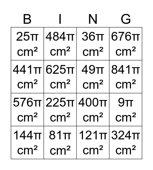 Area of a Circle Bingo! Bingo Card