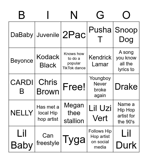 Hip hop bingo Card