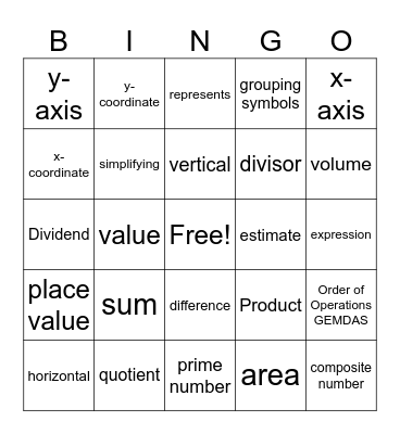 Math Vocabulary Bingo Card