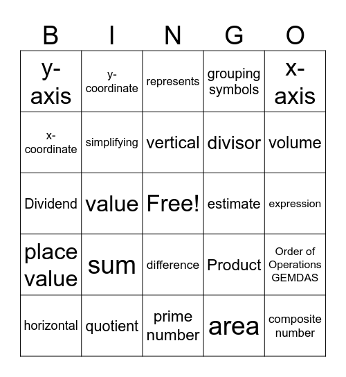 Math Vocabulary Bingo Card
