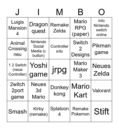 Switch 2 Bingo Card