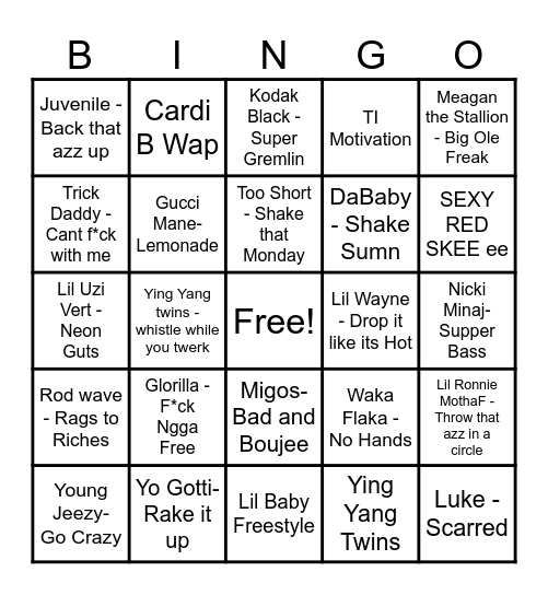 Trap Music Bingo Card