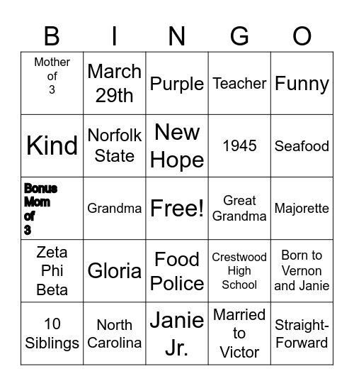 Birthday Girl Bingo Card