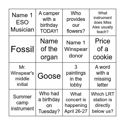 Winspear Bingo Hunt Bingo Card