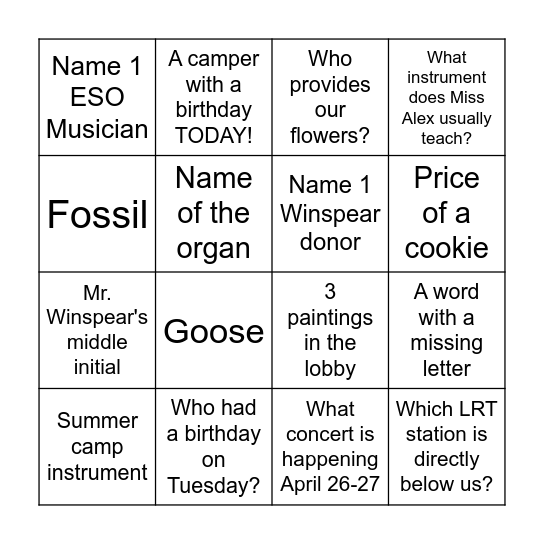 Winspear Bingo Hunt Bingo Card