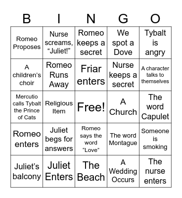 Romeo and Juliet Bingo Card