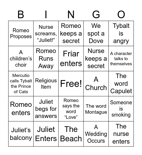 Romeo and Juliet Bingo Card
