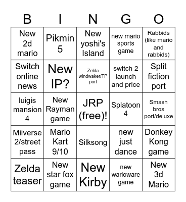 Nintendo 2 Direct bingo Card