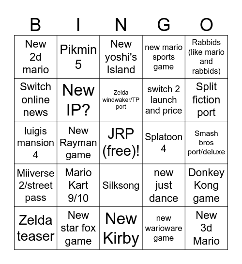 Nintendo 2 Direct bingo Card
