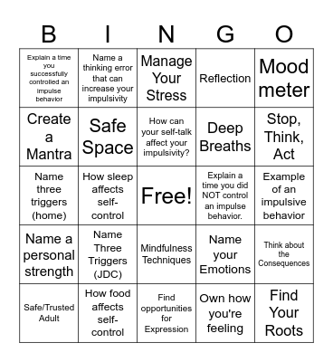 Impulse Control Bingo Card
