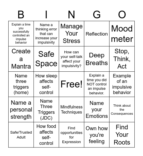 Impulse Control Bingo Card