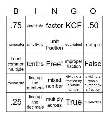 Math Vocabulary Bingo Card