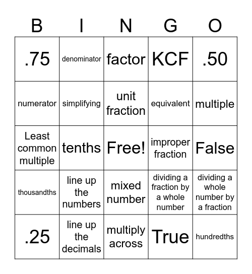 Math Vocabulary Bingo Card