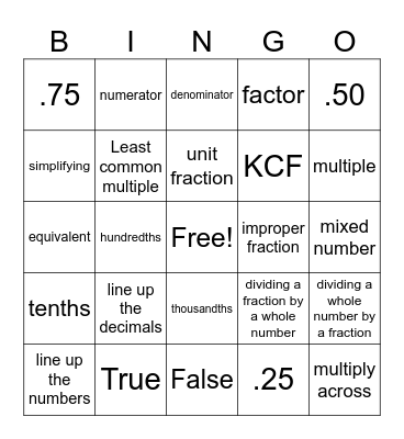 Math Vocabulary Bingo Card