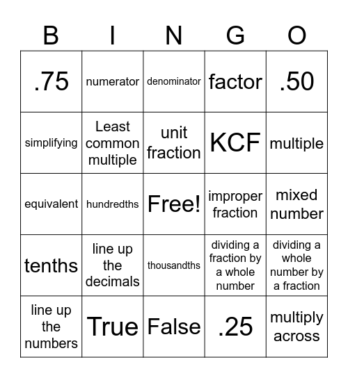 Math Vocabulary Bingo Card
