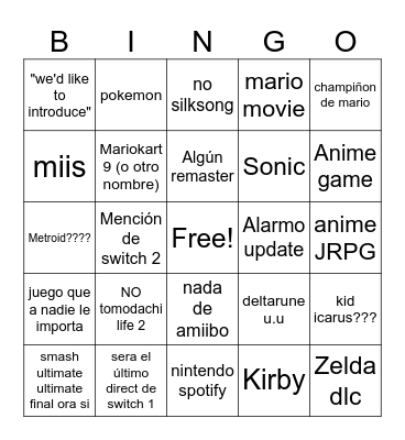 Nintendo Direct 27/03/25 Bingo Card