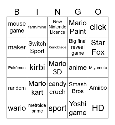Nintendo Bingo Card