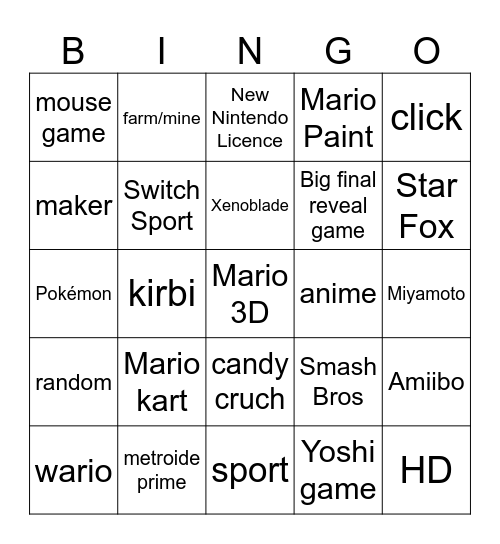 Nintendo Bingo Card