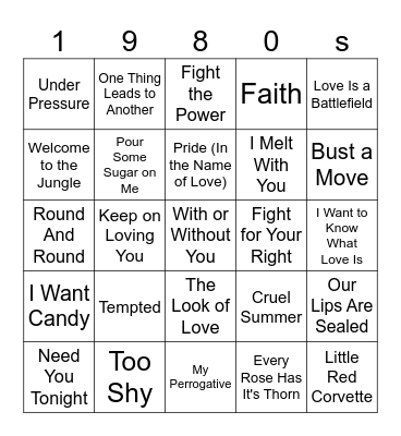 100 Greatest 80's Songs Bingo Card