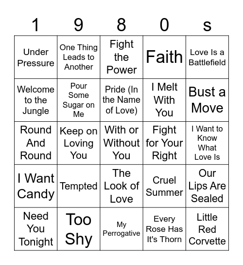 100 Greatest 80's Songs Bingo Card